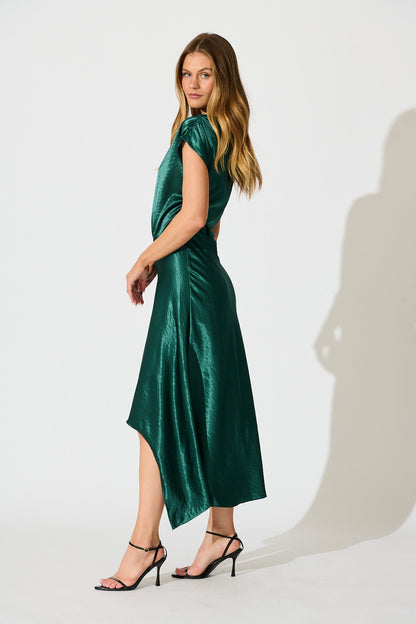 Satin Glow Off Shoulder Maxi Dress in Emerald Satin