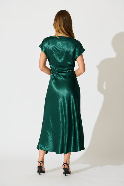 Satin Glow Off Shoulder Maxi Dress in Emerald Satin