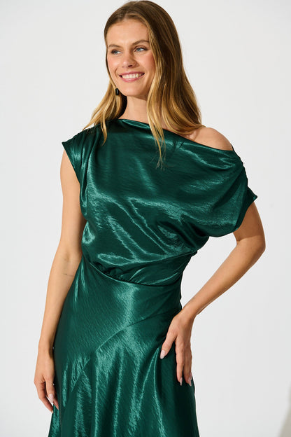 Satin Glow Off Shoulder Maxi Dress in Emerald Satin