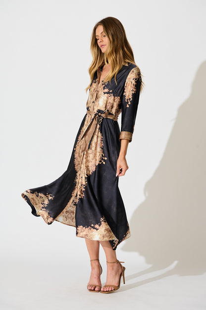 Ellen Midi Shirt Dress in Navy with Multi Placement Satin