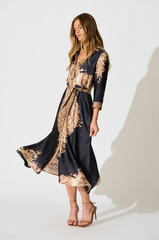 Ellen Midi Shirt Dress in Navy with Multi Placement Satin