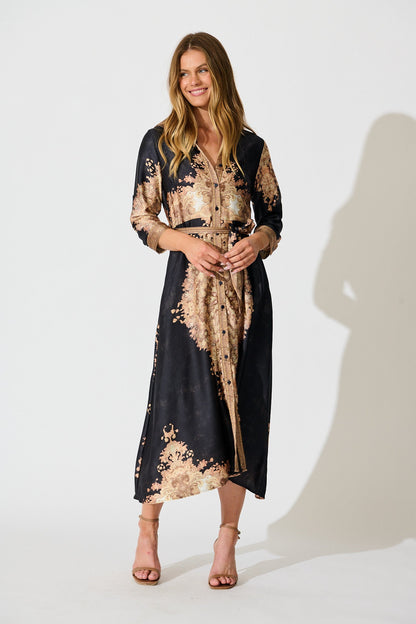 Ellen Midi Shirt Dress in Navy with Multi Placement Satin