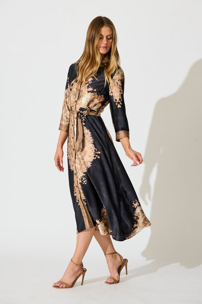 Ellen Midi Shirt Dress in Navy with Multi Placement Satin