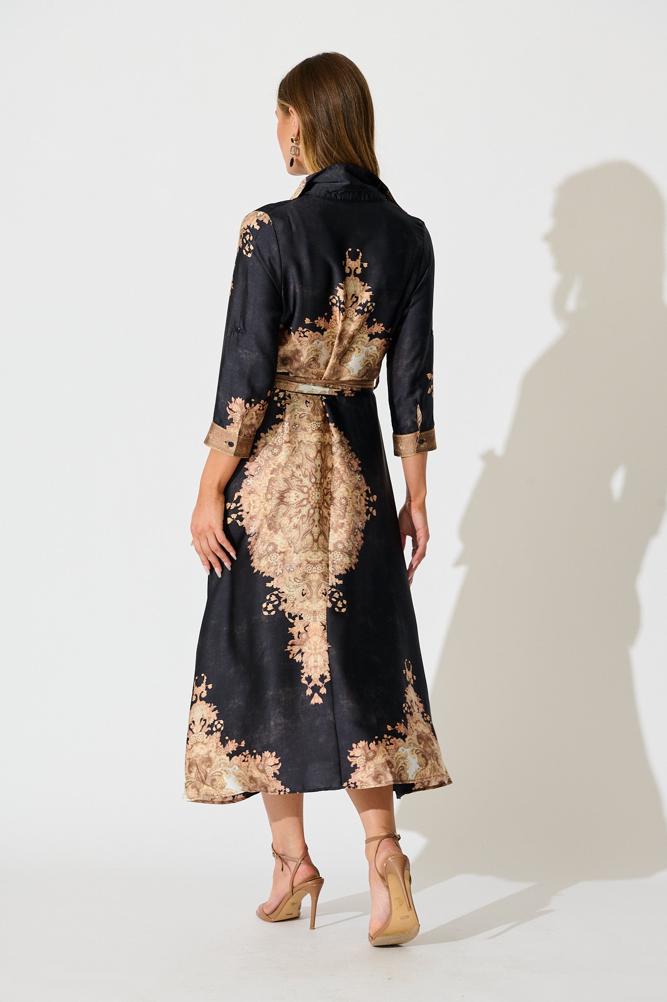 Ellen Midi Shirt Dress in Navy with Multi Placement Satin