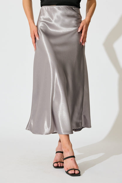 Satin Poise Midi Skirt in Grey