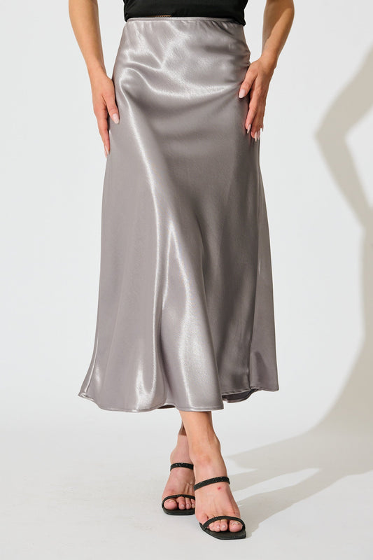 Satin Poise Midi Skirt in Grey