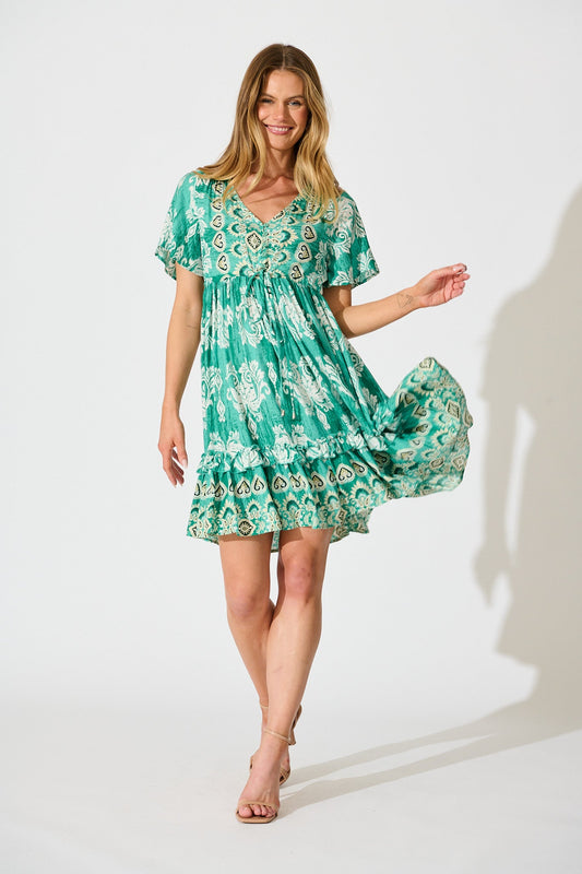 Zanayah Dress in Green with White Boho Print