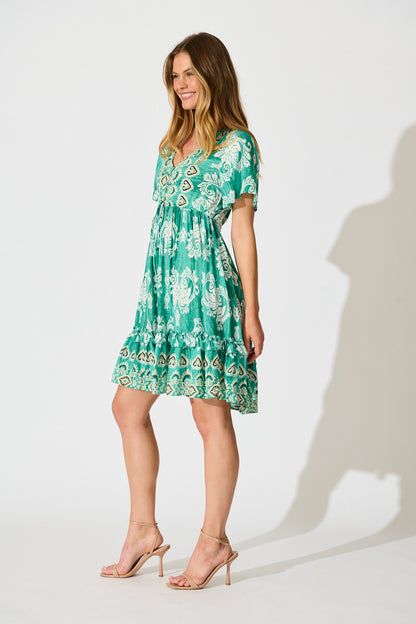 Zanayah Dress in Green with White Boho Print