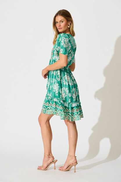 Zanayah Dress in Green with White Boho Print