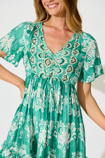 Zanayah Dress in Green with White Boho Print