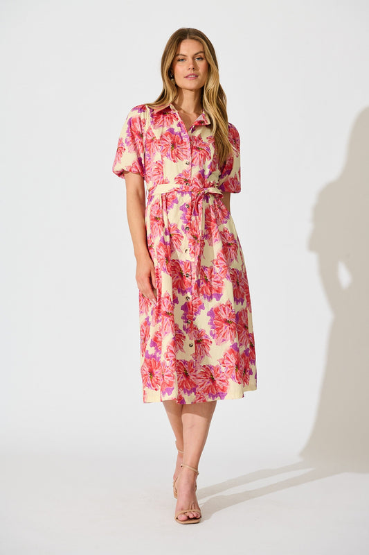 Arleth Midi Dress in Pink Floral Print Cotton