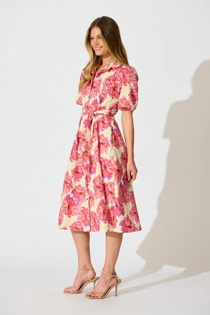 Arleth Midi Dress in Pink Floral Print Cotton