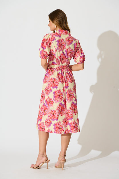 Arleth Midi Dress in Pink Floral Print Cotton