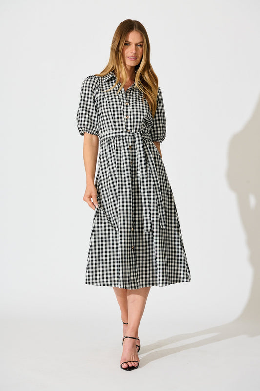 Elianna Midi Shirt Dress in Black and White Gingham Cotton