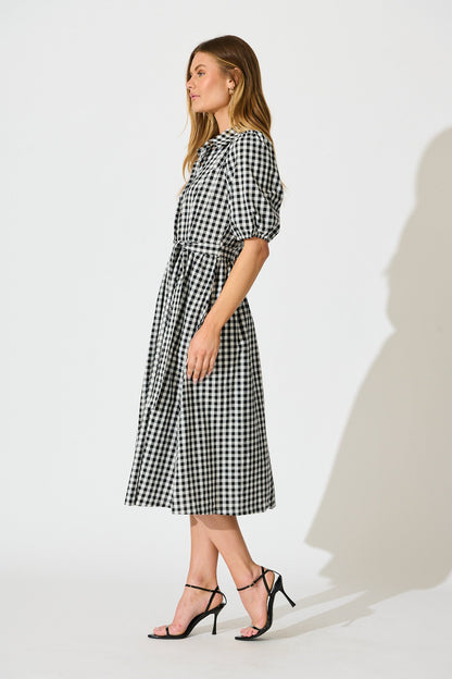 Elianna Midi Shirt Dress in Black and White Gingham Cotton