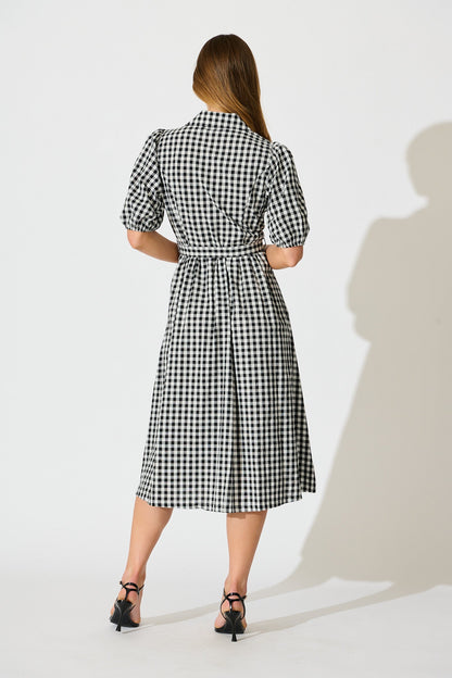 Elianna Midi Shirt Dress in Black and White Gingham Cotton