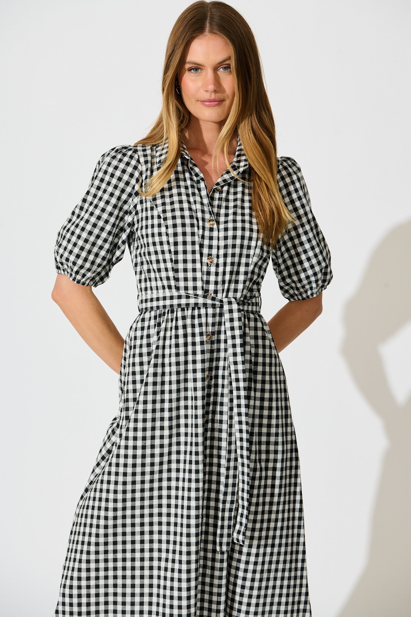 Elianna Midi Shirt Dress in Black and White Gingham Cotton