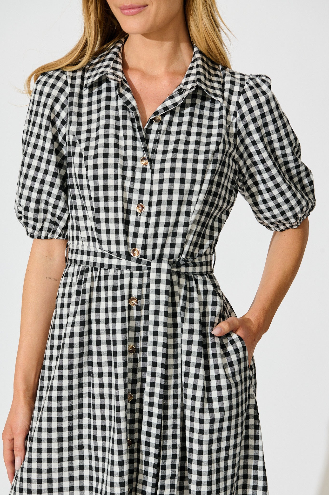 Elianna Midi Shirt Dress in Black and White Gingham Cotton