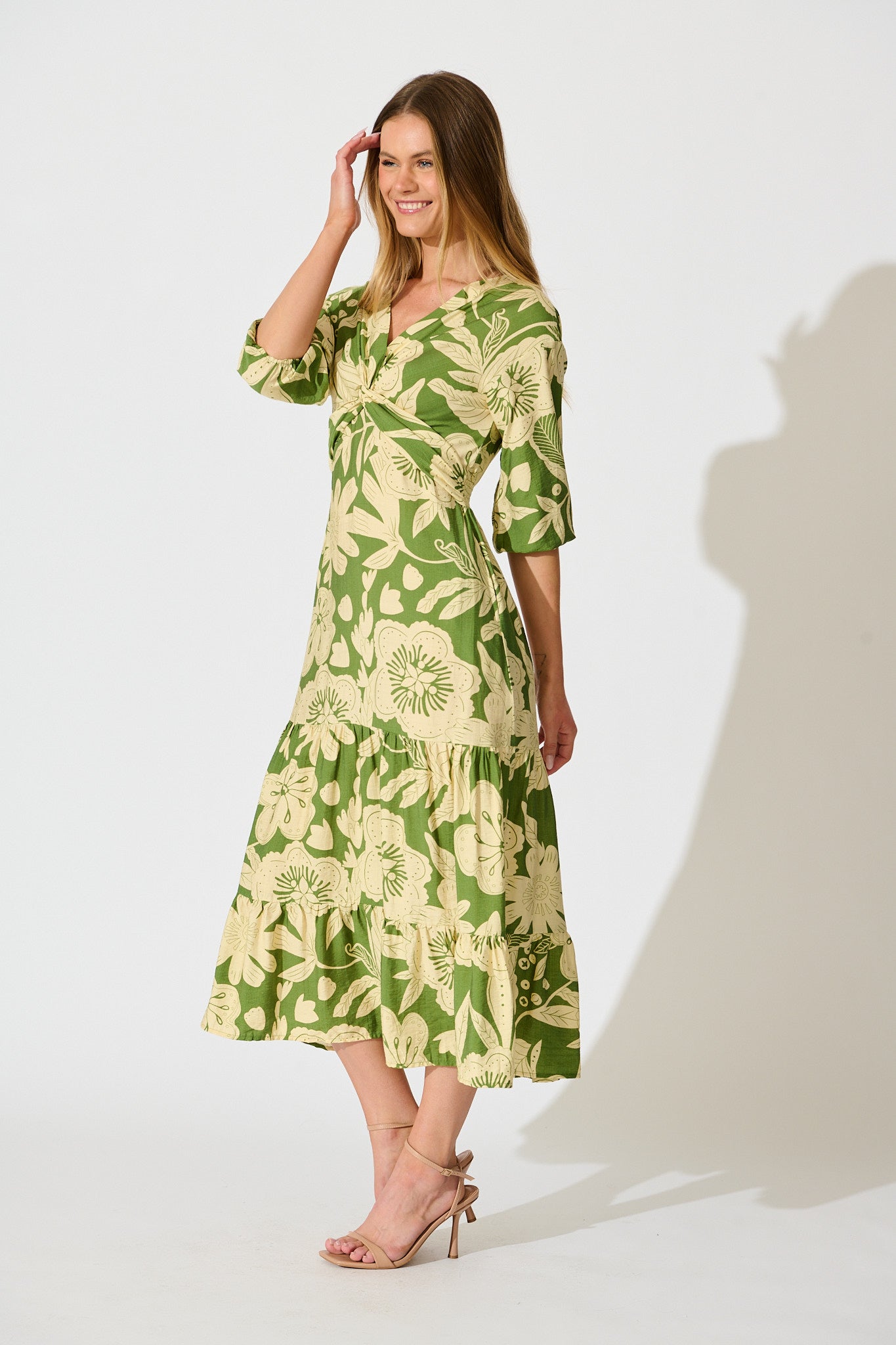 Sonnet Midi Dress in Green with Cream Floral
