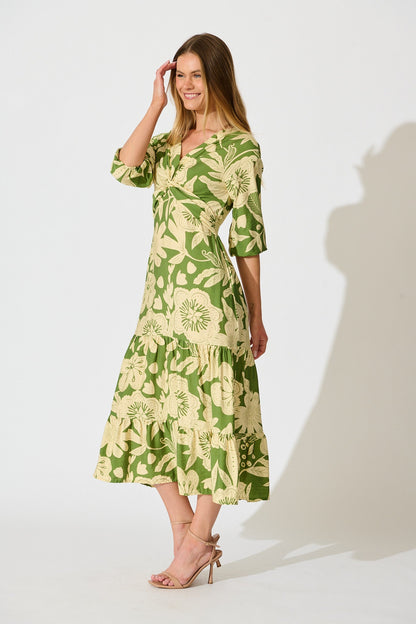 Sonnet Midi Dress in Green with Cream Floral