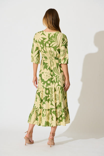 Sonnet Midi Dress in Green with Cream Floral