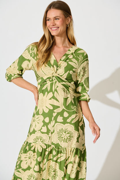 Sonnet Midi Dress in Green with Cream Floral