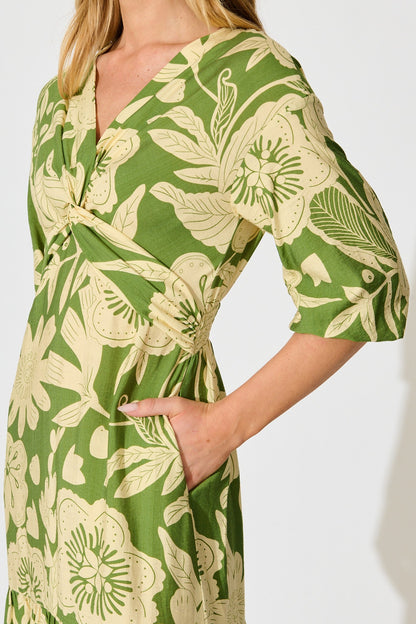 Sonnet Midi Dress in Green with Cream Floral