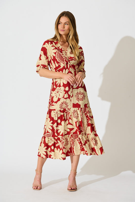 Sonnet Midi Dress in Red with Cream Floral