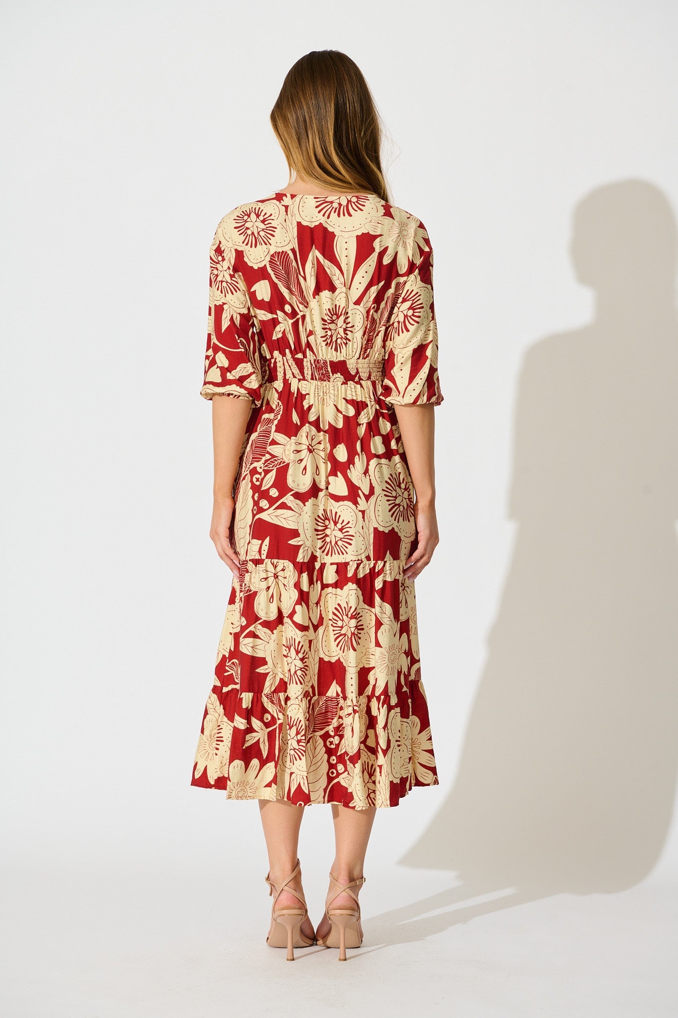Sonnet Midi Dress in Red with Cream Floral