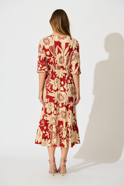 Sonnet Midi Dress in Red with Cream Floral