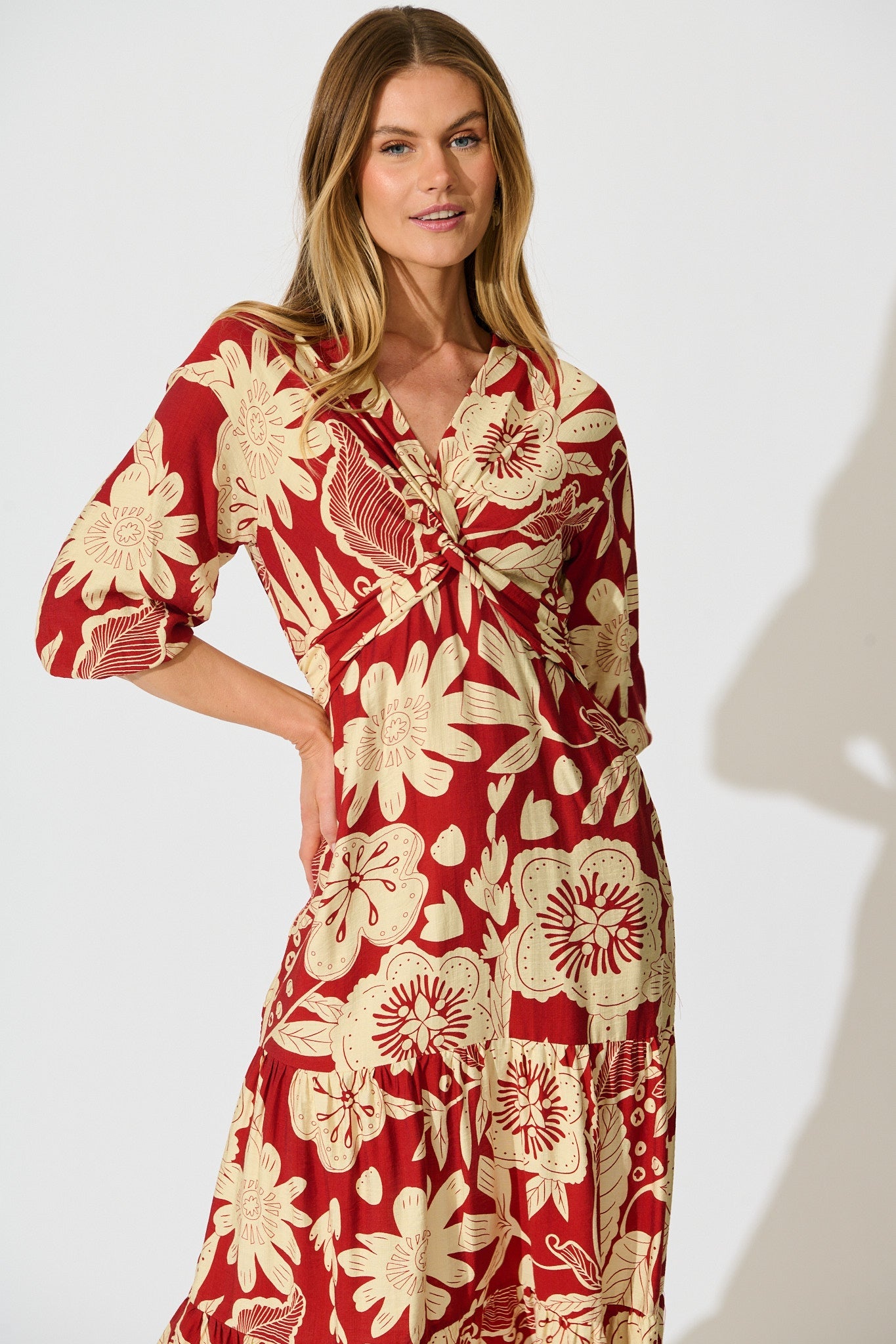 Sonnet Midi Dress in Red with Cream Floral