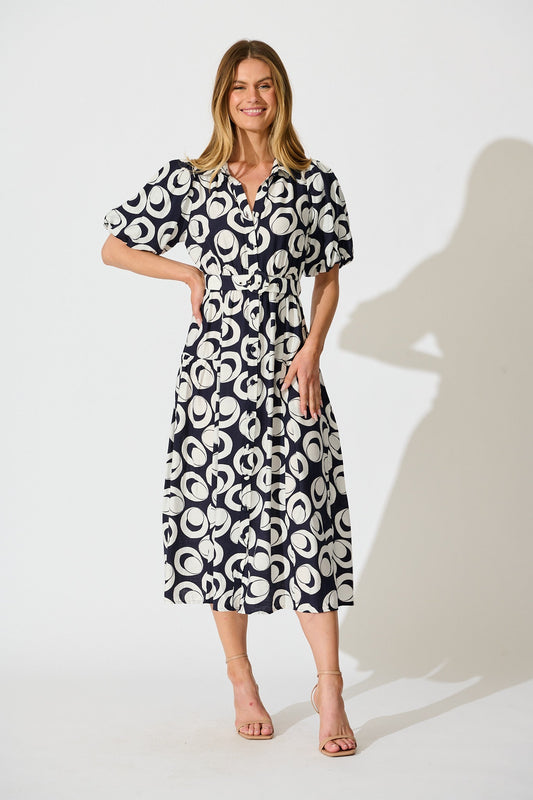 Asazie Midi Shirt Dress in Navy with White Print