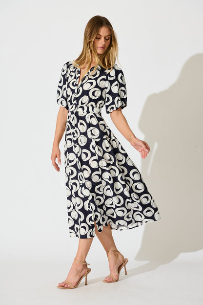 Asazie Midi Shirt Dress in Navy with White Print