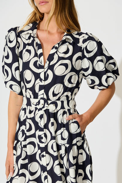 Asazie Midi Shirt Dress in Navy with White Print