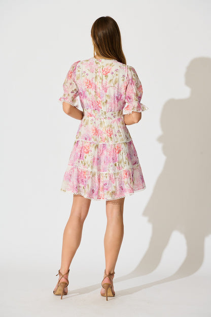 Wrenley Dress in White with Pink Floral