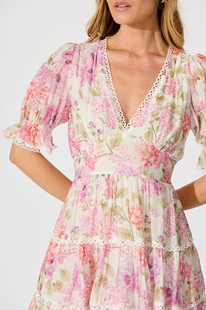 Wrenley Dress in White with Pink Floral