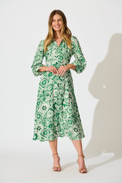 Syren Midi Shirt Dress in Green Tile Print