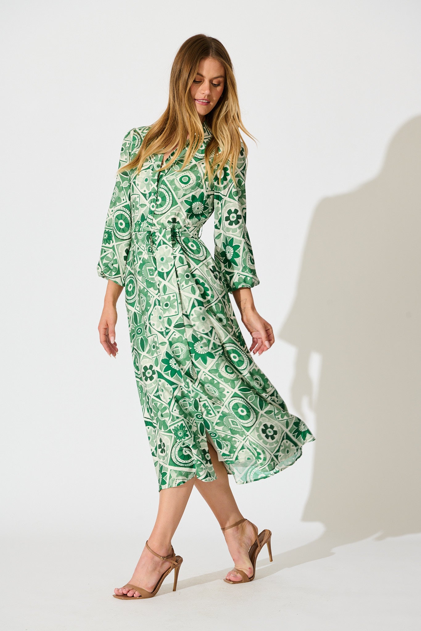 Syren Midi Shirt Dress in Green Tile Print