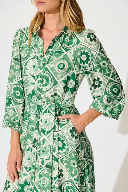 Syren Midi Shirt Dress in Green Tile Print