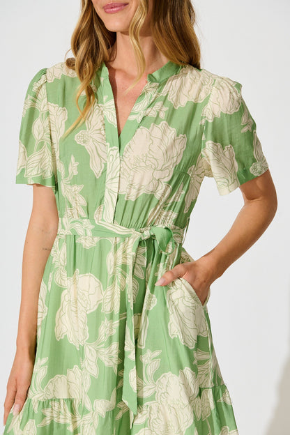 Illiana Dress in Green and Cream Floral