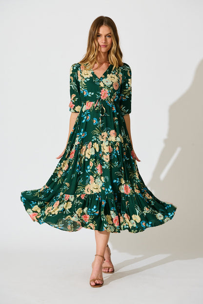 Jolanta Midi Dress in Emerald with Multi Floral