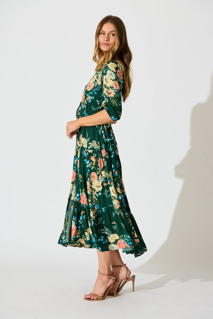 Jolanta Midi Dress in Emerald with Multi Floral