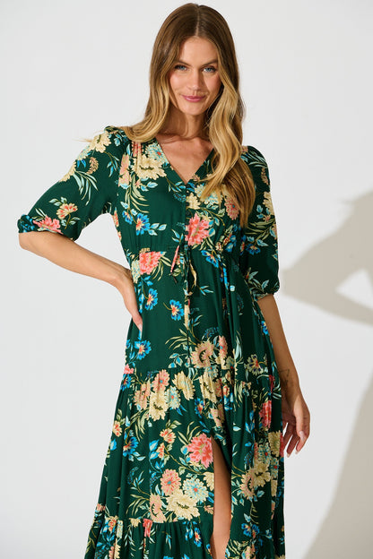 Jolanta Midi Dress in Emerald with Multi Floral