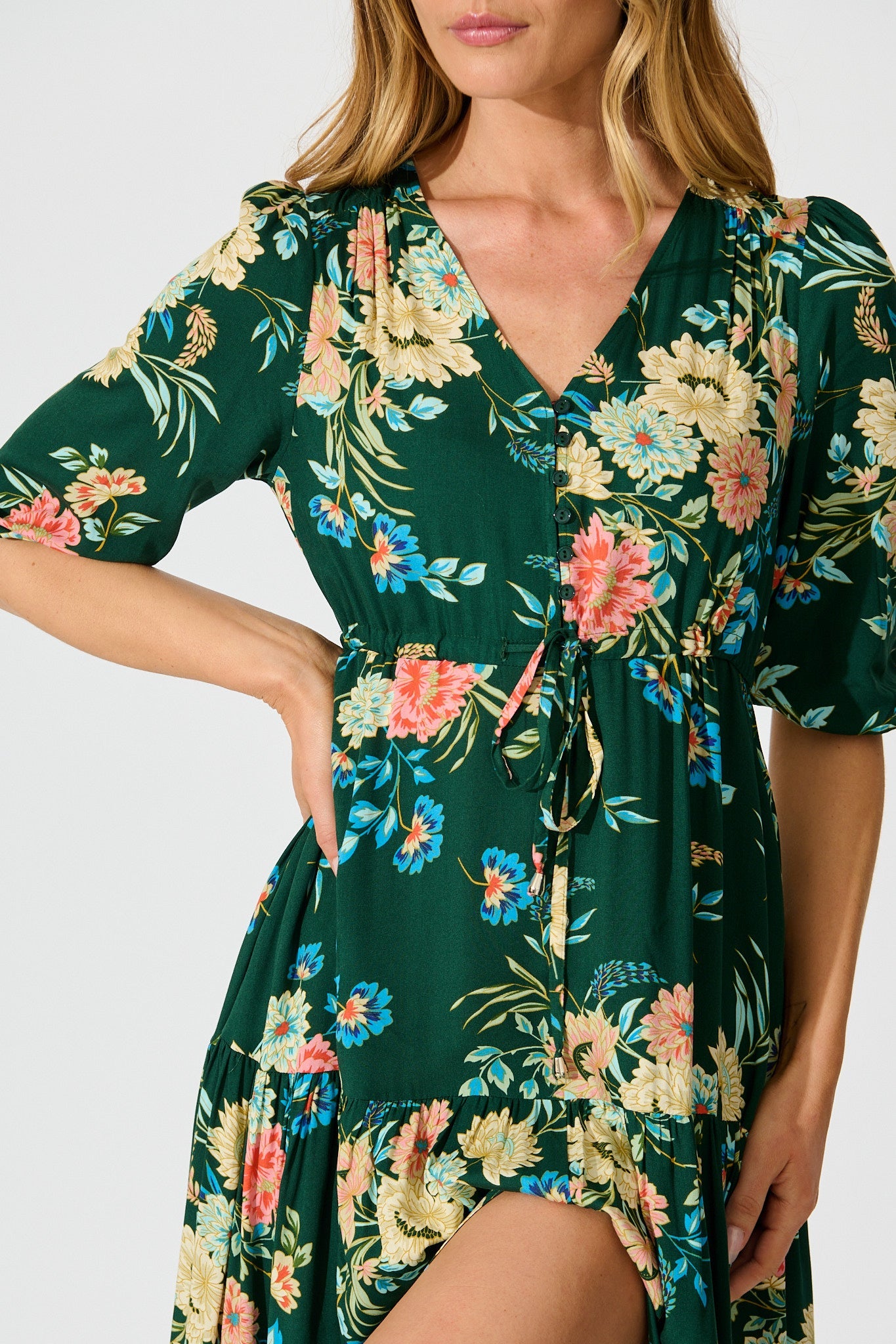 Jolanta Midi Dress in Emerald with Multi Floral