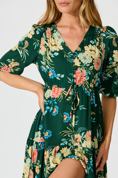 Jolanta Midi Dress in Emerald with Multi Floral