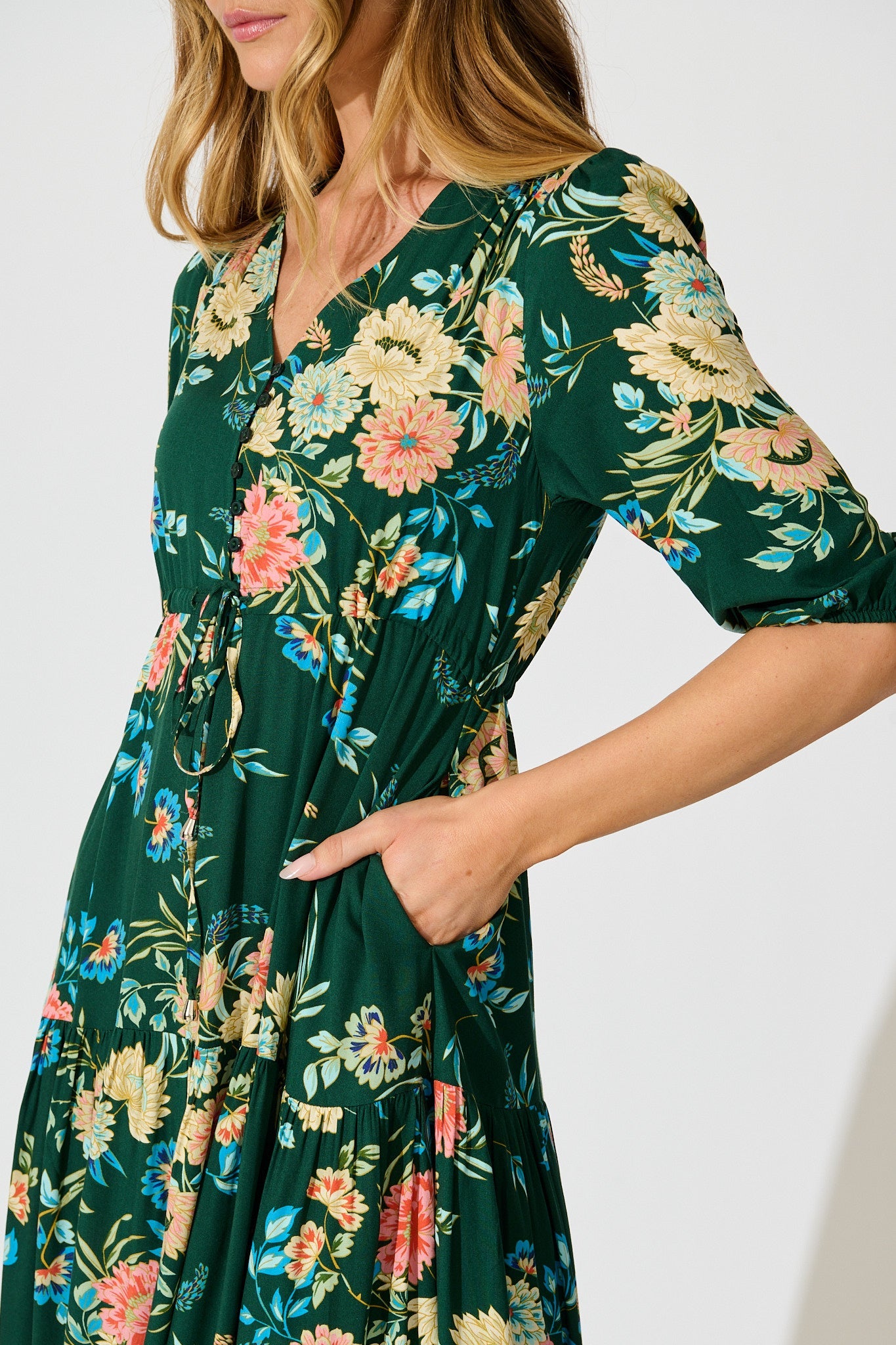 Jolanta Midi Dress in Emerald with Multi Floral
