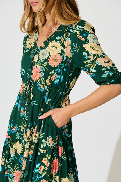 Jolanta Midi Dress in Emerald with Multi Floral