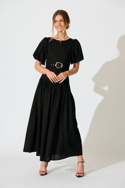 Isleen Maxi Dress in Black Linen Blend