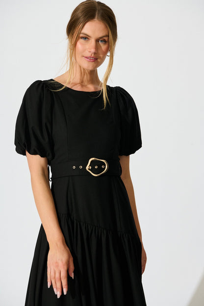 Isleen Maxi Dress in Black Linen Blend