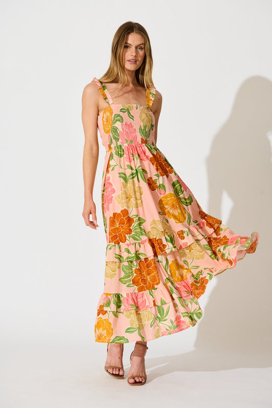 Ellamae Maxi Sundress in Peach Floral Cotton